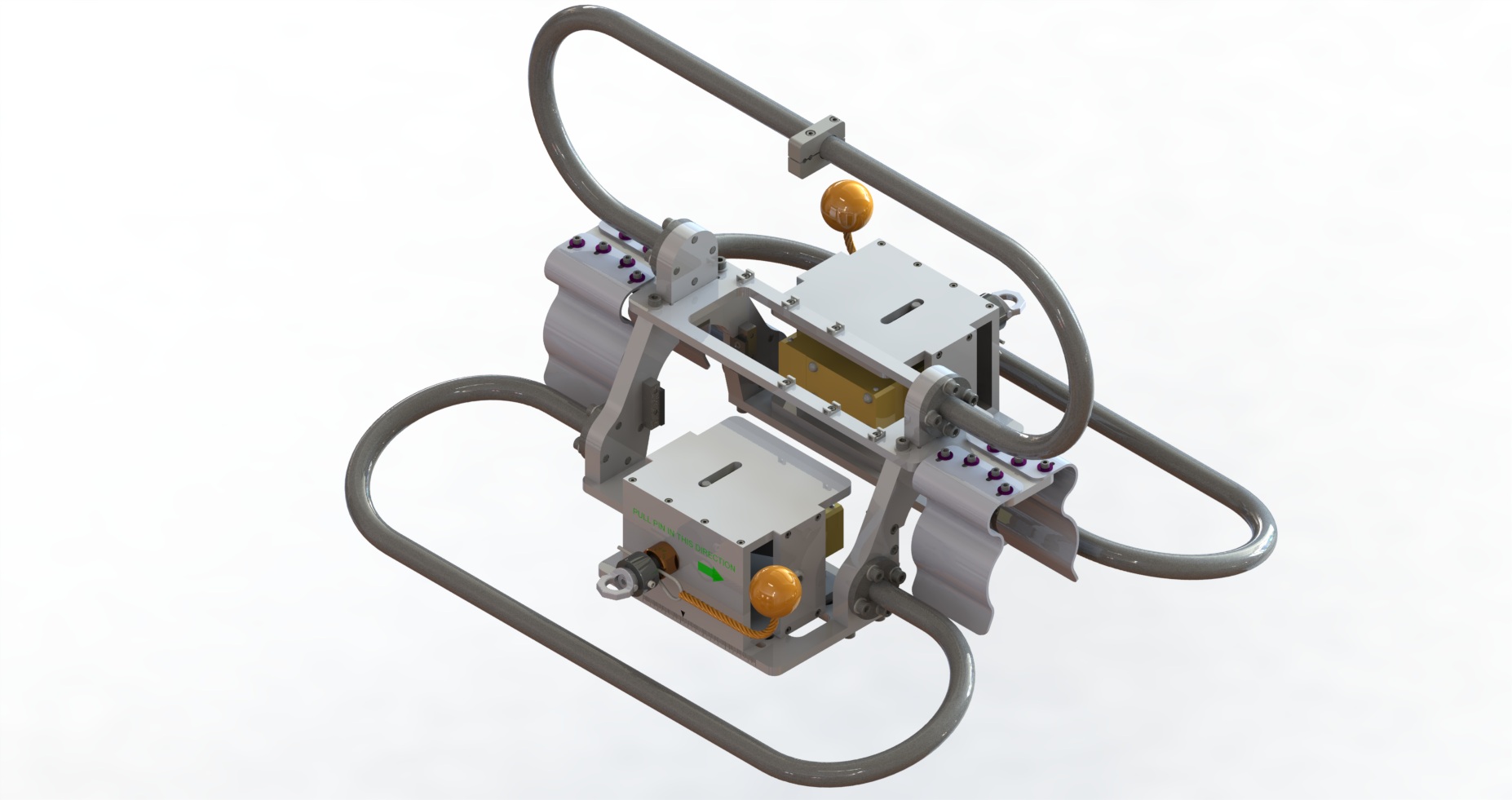 Clamp-on ultrasonic flow meter with transducer housings, pipe clamps and gas flow direction marked on the body